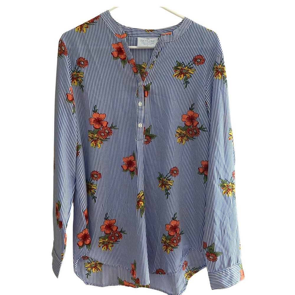 The SkyLine Collection Tropical Floral Stripe Blouse Size Large